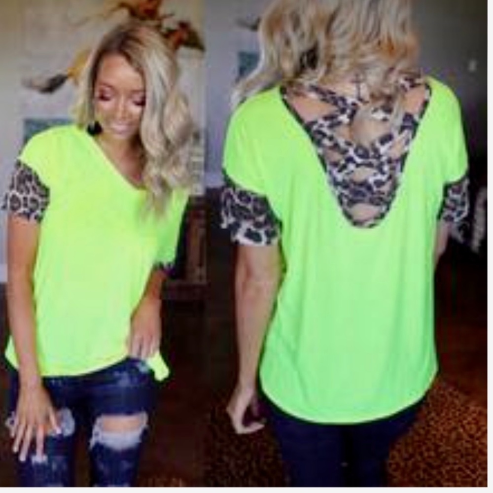Neon Yellow Leopard Cross Caged Back Tee